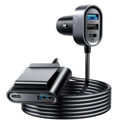 Kfz-Ladegerät für 5 Geräte, 2xPD + 2xQC3.0, 72 W, 1,5 m Kabel, schwarz