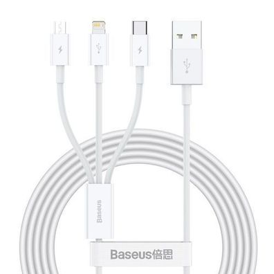Hochwertiges 3-in-1-USB-Kabel iPhone, Lightning, USB-C, microUSB, 3,5 A, 1,5 m, Weiß
