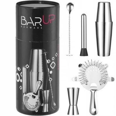 Barkeeper-Set im Rohr, Shaker, Jigger, Sieb, Stößel, Löffel - Silber