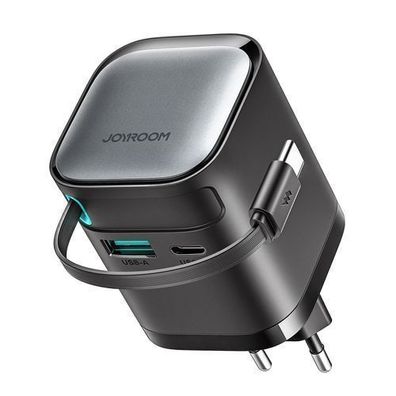 GaN 65W USB-A/USB-C-Wandladegerät mit integriertem USB-C-Kabel - Schwarz
