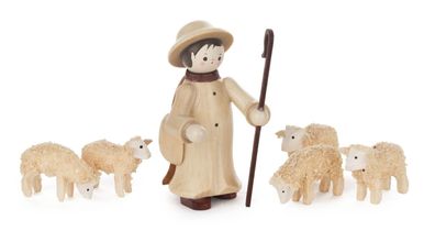 Miniaturfiguren Hirte mit 5 Schafen natur (6) NEU 6cm Schäfer Herde Weidetiere