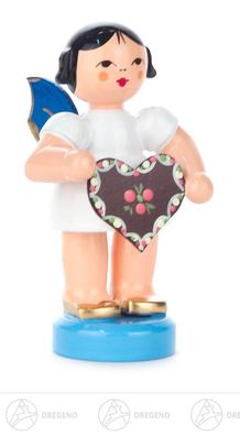 Engel mit Lebkuchenherz stehend blaue Flügel NEU 5,5cm Bäckerengel Herzensbäcker