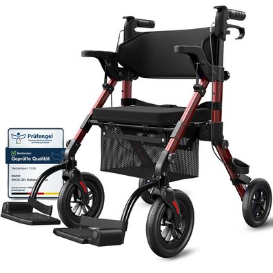VOCIC 2 in 1 Rollator Rollstuhl faltbar leicht mit Sitz und Gummireifen Rot