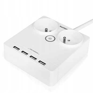 Huslog Steckdosenleiste flach mit Schalter 2 Steckdosen 4 USB 1,5 m Weiß