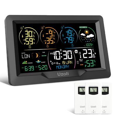 Uzoli EM3390 Wetterstation mit 3 Außensensoren Funkuhr Farbdisplay