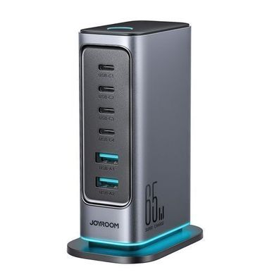 GaN-Ladestation 65 W, 4x USB-C + 2x USB-A, EU-Standard, Dunkelgrau