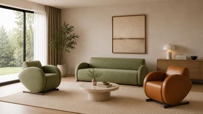 Dreisitzer Sofa Textil Zwei Sessel Textil Kunstleder Polstermöbel