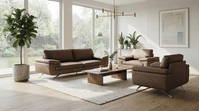 Dreisitzer Sofa Zwei Sessel Kunstleder Beige Polstermöbel Wohnzimmer