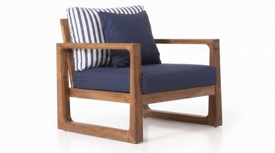 Moderner Loungesessel Blau Braun Holzgestell Polstersessel Terrasse