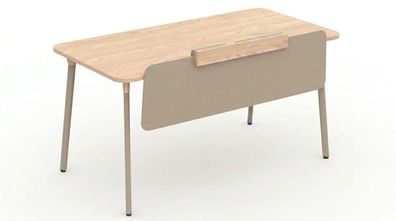 Moderner Arbeitstisch mit Holzplatte beigefarbener Sichtschutz
