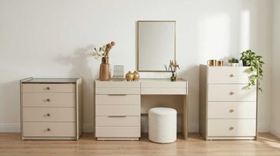 Schminktisch Garnitur Beige Modern Luxus Kommoden Spiegel Hocker