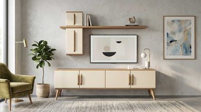 Wohnzimmer Set Beige Modern Luxus Tv Lowboard Wandregal