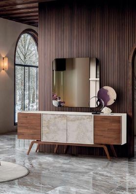 2tlg Sideboard Spiegel Modern Weiß Braun Elegant Kommode