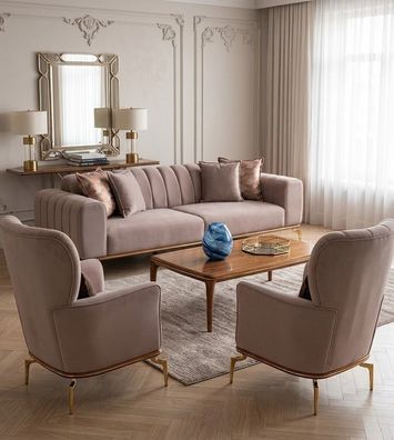 Stilvolle Wohnzimmer Sofagarnitur Designer 3-Sitzer 2x Polstersessel