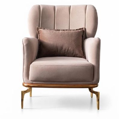 Design Sessel Modern Samt Altrosa mit Goldgestell Polster Armlehnen
