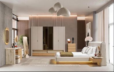 Schlafzimmer Set Bett Schrank Kommode Spiegel Pouf Modern Beige Edel