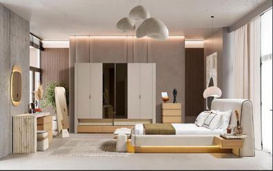 Schlafzimmer Set Bett Schrank Kommode Spiegel Bank Hocker Beige Modern