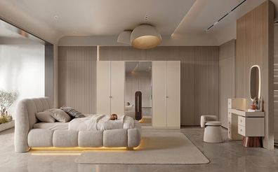 Schlafzimmer Set Bett Schrank Frisiertisch Hocker Spiegel Modern Beige