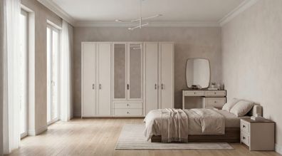 Exklusives Schlafzimmer Set Beige Modern Holz-Optik Schrank Nachttisch