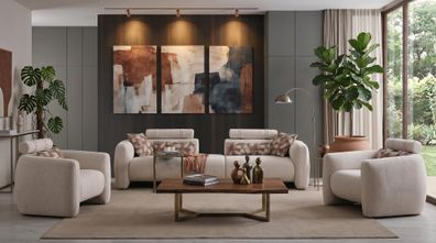 Wohnzimmer Set 3 Sitzer Sofa 2x Sessel Modern Hell Hochwertig