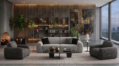 Wohnzimmer Set 3 Sitzer Sofa 2x Sessel Modern Grau Strukturiert