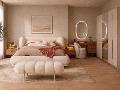 Schlafzimmer Set Bettanlage Schrank Schminkplatz Bank Modern Beige