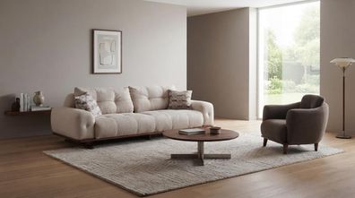 Modernes Weißes 3-Sitzer Sofa Set mit Sessel Stoff Wohnzimmer