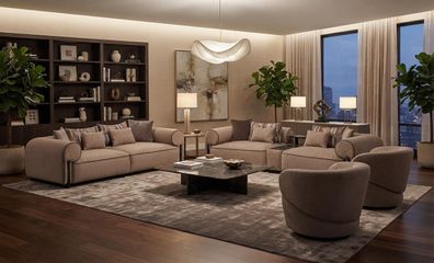 Modernes Beiges 3-Sitzer Sofa Set mit 2 Sesseln Holzrahmen Couch