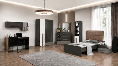 Komfort Einzelbett Jugendbett Grau Braun Holz Polsterkopfteil