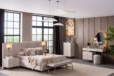 Bett Nachttische Bank Kommode Schminktisch Spiegel Pouf Stil modern beige