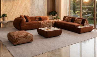 Ecksofa L Form Pouff Kaffeetisch Braun Stil Modern Wohnzimmer komfortabel