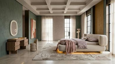 Bett Schminktisch Spiegel Pouf Schlafzimmer Stil modern beige komfortabel
