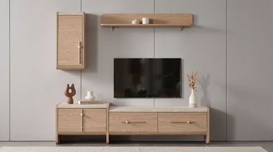 TV board Wandschrank Wandregal Stil modern beige Kamin geräumig praktisch