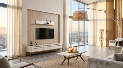 Tisch TV board Wandregal Stil modern weiß rechteckig Wohnzimmer praktisch