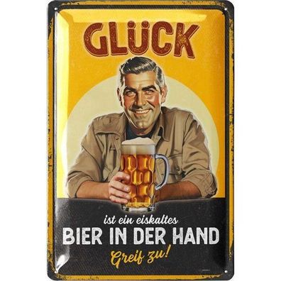 LANOLU Blechschild Glück Bier in Hand 20x30cm Bier Spruch Bar Humor Retro Deko