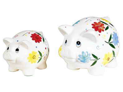 Sparschwein Blumendeko mit Schloß Porzellan 23cm weiß
