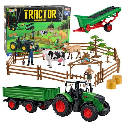 Landwirtschaftliches Set Traktor mit Anhänger Tiere Bauern Bauernhof 45-teilig