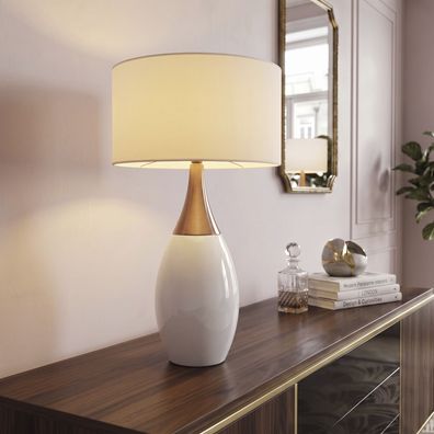 cagü: Design Tischlampe ANTJA Weiß-Silber & Leinenschirm 60cm Tischleuchte