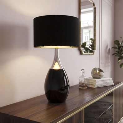 cagü: Design Retro Tischlampe Tischleuchte (ANTJA] Schwarz-Silber & Leinenschirm 60cm