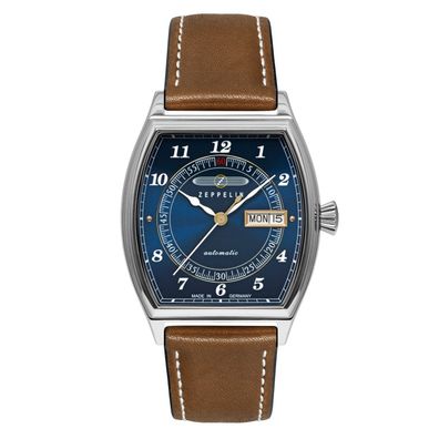 Zeppelin 8360-3 Herrenuhr Automatik mit Day-Date, Lederband, Glasboden, Tonneau-Form