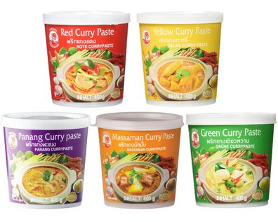 Cock Curry Paste Set 5 x 400 g - Rote, Gelbe, Grüne, Panang, Matsam Currypaste