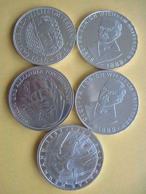5 x 5 DM Gedenkmünzen in 625er Silber 1966 bis 1978 Silbermünzen