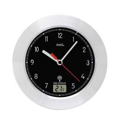 AMS F5919 Funkwanduhr mit digitaler LCD-Anzeige in Aluminiumoptik