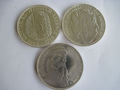 3 x 5 DM Gedenkmünzen in 625er Silber Leibniz, Humboldt, Gutenberg