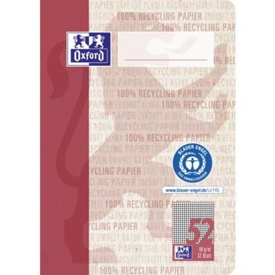 OXFORD Schulhefte Recycling Lineatur 52 kariert DIN A6 ohne Rand, 32 Blatt