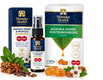 Manuka Health Hals & Mund Set MGO 400+ Mundspray + Propolis Hustenbonbons