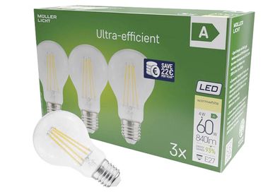 LED Birne 840lm 3,8W E27 2700K 3er Set