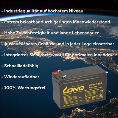 2x Kung Long WP7,2-12A F2 AGM-Akkus 12V 7,2Ah – passend für Lifta Treppenlift Genesis