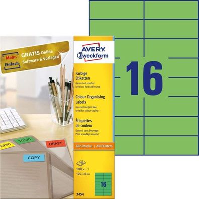 AVERY Zweckform 3454 Grüne Etiketten (1.600 Aufkleber, 105x37mm auf A4, permanent haf