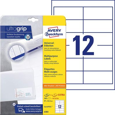 AVERY Zweckform 4781 Adressaufkleber (300 plus 60 Klebeetiketten extra, 97x42,3mm auf